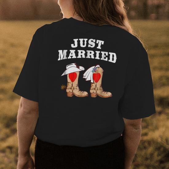 Just Married Cowboy Cowgirl Boots Womens Back Print T shirt Mazezy