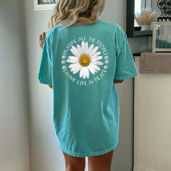 People Imagine Living Life in Peace Sunflower Oversized Comfort T-Shirt - Sleeve Detail