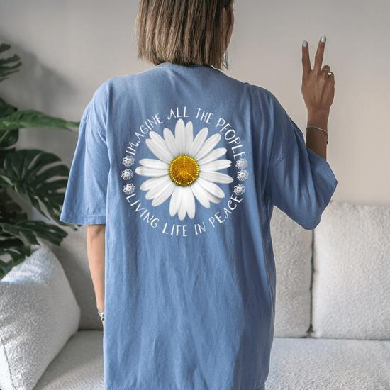 People Imagine Living Life in Peace Sunflower Oversized Comfort T-Shirt - Front View