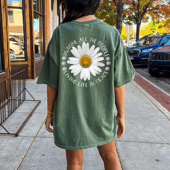 People Imagine Living Life in Peace Sunflower Oversized Comfort T-Shirt - Close-up