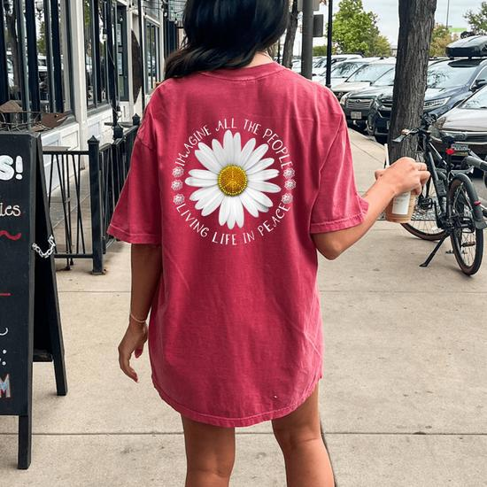 People Imagine Living Life in Peace Sunflower Oversized Comfort T-Shirt - Back Detail