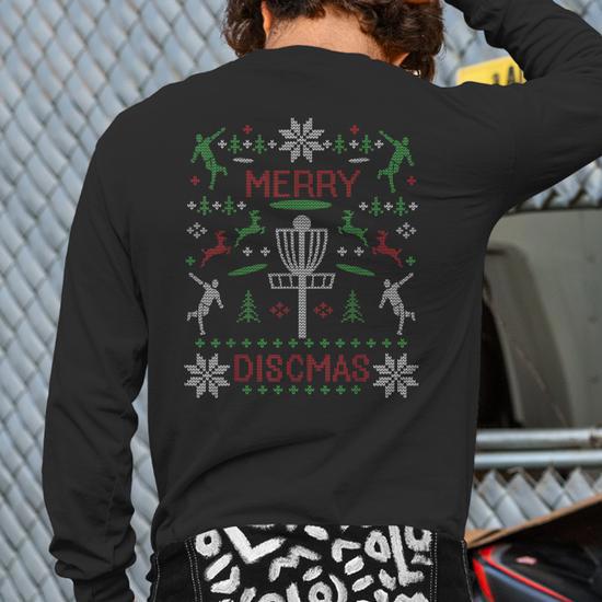 Merry Discmas Disc Golf Ugly Christmas Sweater Party Back Print Long Sleeve T shirt Mazezy