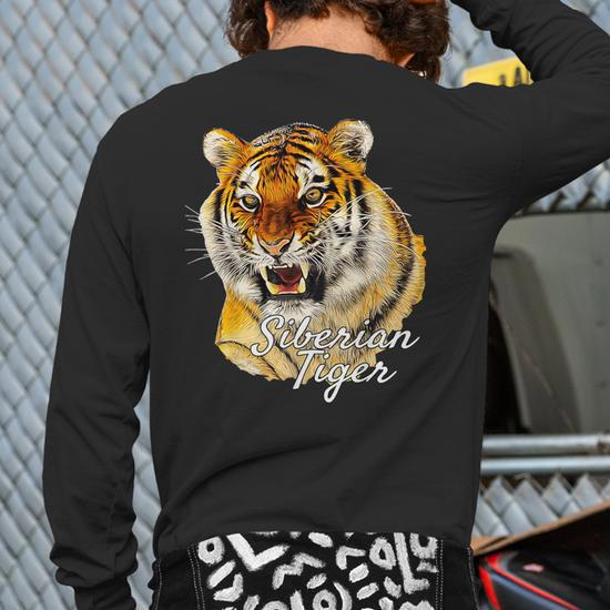 Siberian Tiger Ferocious Tiger Roar Cat Owner Back Print Long Sleeve T-shirt  | Mazezy
