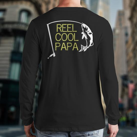 Father's Day Fishing Reel Cool Papa Dad Back Print Long Sleeve T