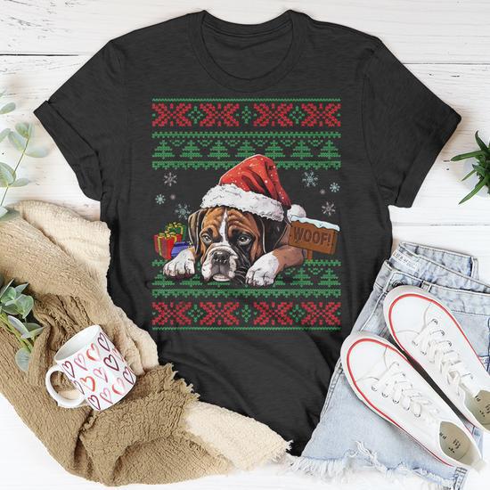 Cute Boxer Dog Lover Santa Hat Ugly Christmas Sweater T Shirt Monsterry