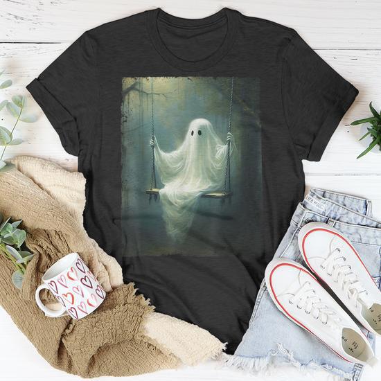 Spooky Season Halloween T-Shirt Women's – Funny Magic Castle Ghost Graphic Tee – Casual Short Sleeve Halloween Top