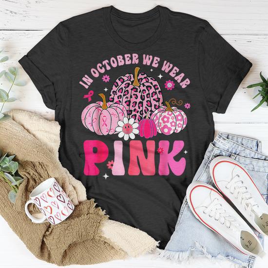 Women's Breast Cancer Awareness T-Shirt - Pumpkin Support Squad Pink Ribbon Graphic Tee, Novelty Top For Awareness Month