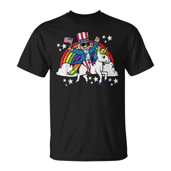 Uncle Sam on Unicorn Rainbow 4th of July Patriot Girls Kids Unisex T-Shirt