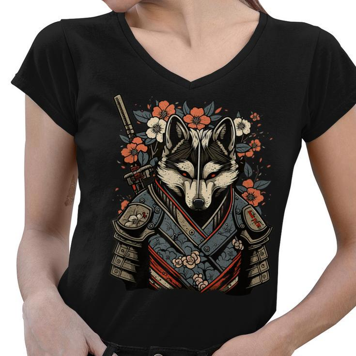Japanese Samurai Wolf Tattoo Vintage Kawaii Ninja  Gift For Women Women V-Neck T-Shirt