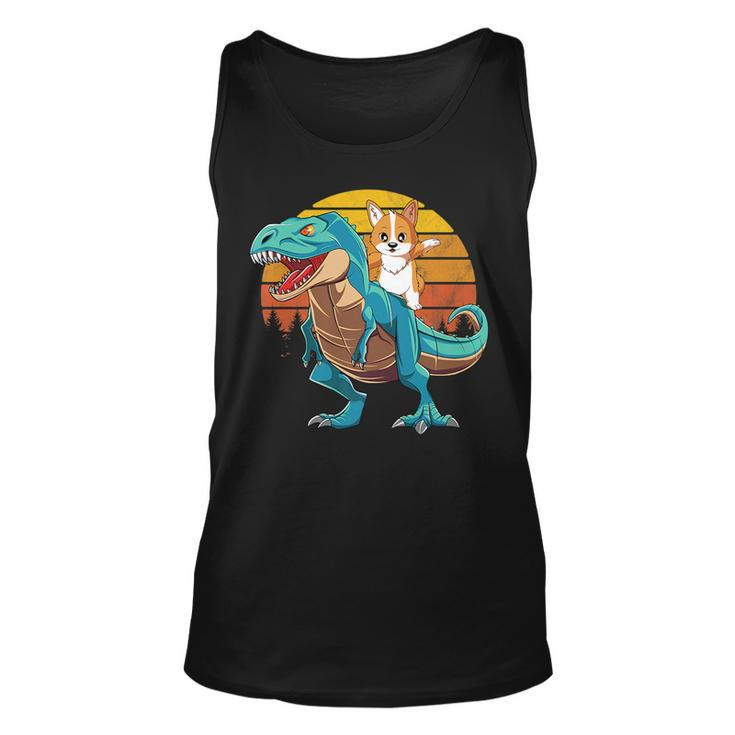 Corgi Dog Riding Dinosaur T Rex Boys Girls Retro Sunset Tank Top