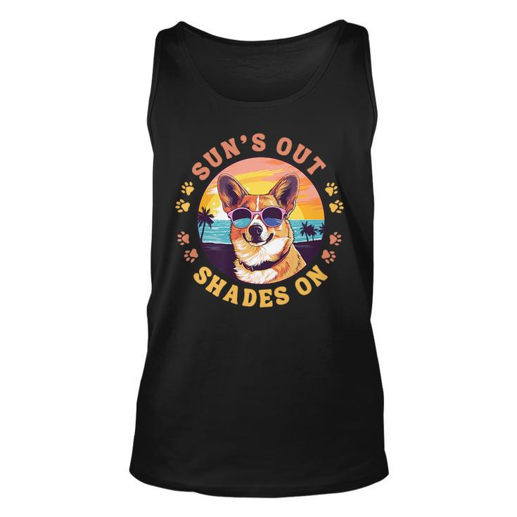 Corgi With Sunglasses On The Beach Suns Out Shades On   Unisex Tank Top