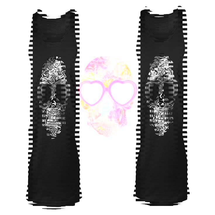 Day Of The Dead Sugar Skull Pink Heart Sunglasses Unisex Tank Top