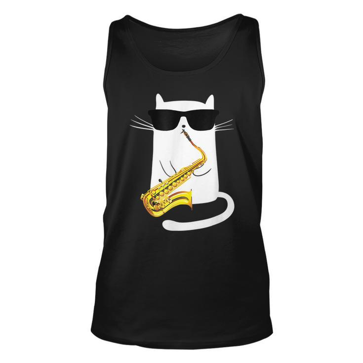 Funny Cat Wearing Sunglasses Playing Saxophone  Unisex Tank Top