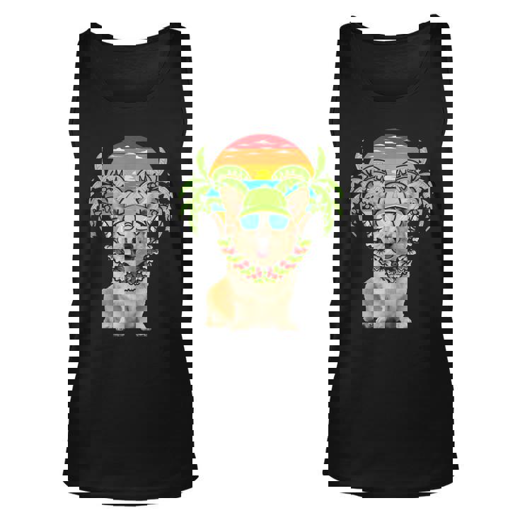 Hawaiian Corgi Dog Wearing Sunglasses Sunset On Beach Summer Tank Top