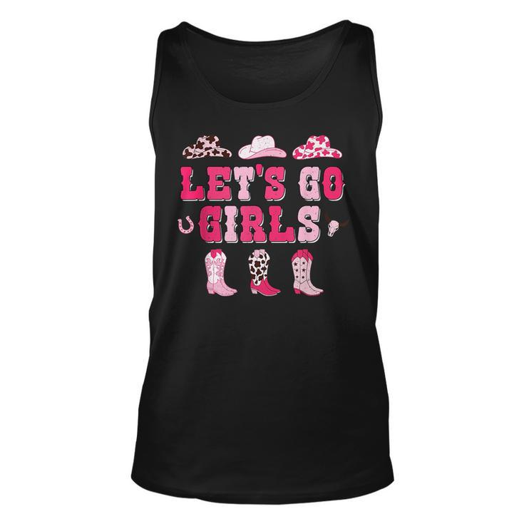 Lets Go Girls Western Pink Cowgirl Hat Boots Country Music Unisex Tank Top