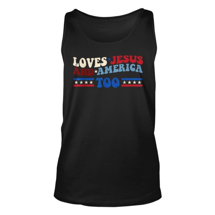 Loves Jesus And America Too Patriotic 4Th Of July Christian  Unisex Tank Top