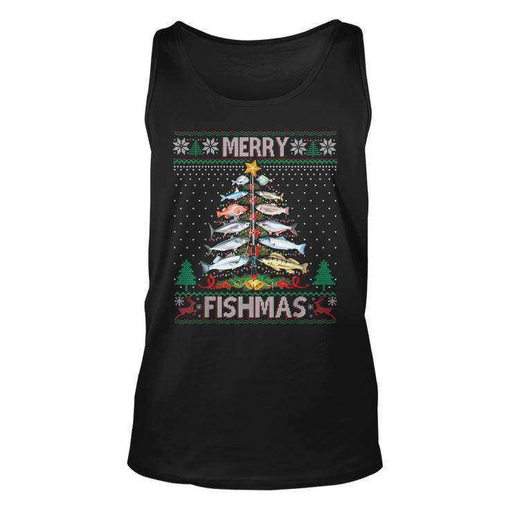 Merry Fishmas Ugly Sweater Fish Fishing Rod Christmas Tree Tank Top