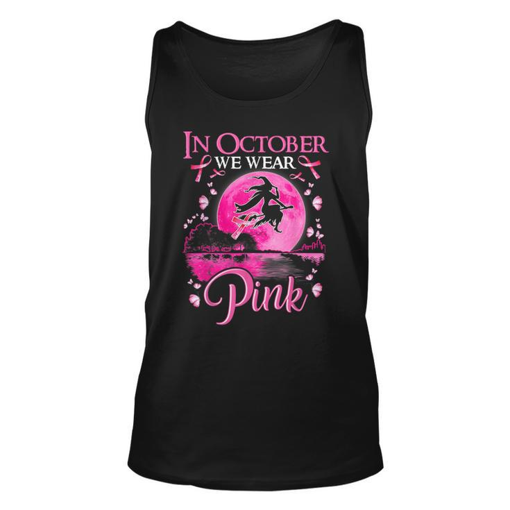 In October We Wear Pink Witch Ribbon Breast Cancer Halloween Tank Top