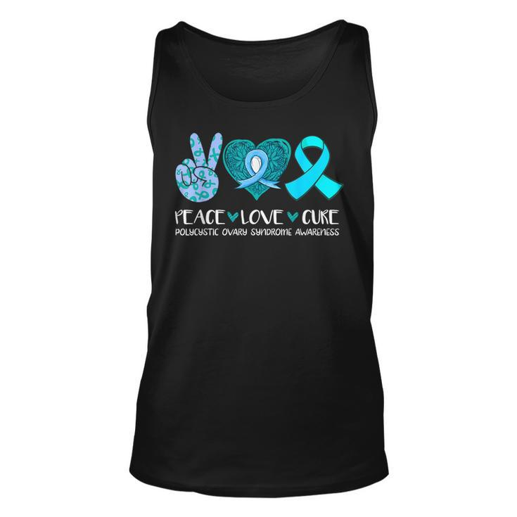 Peace Love Cure Polycystic Ovary Syndrome Pcos Teal Ribbon Tank Top