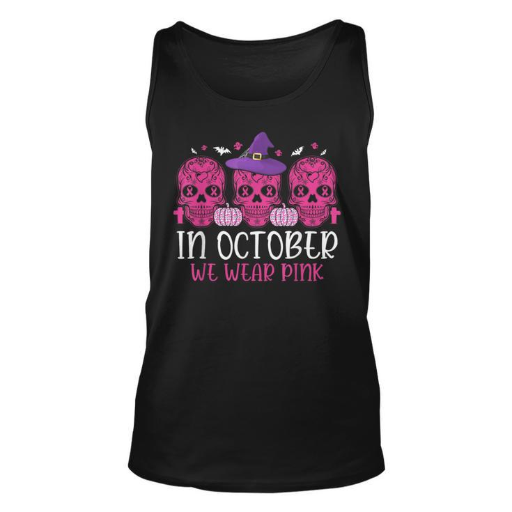 Pink Ribbon Witch Halloween Breast Cancer In October We Wear Tank Top