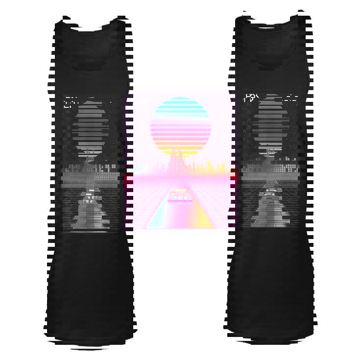 Retro 80S Cyberpunk Synthwave Sunset Fast Car In Outrun Grid