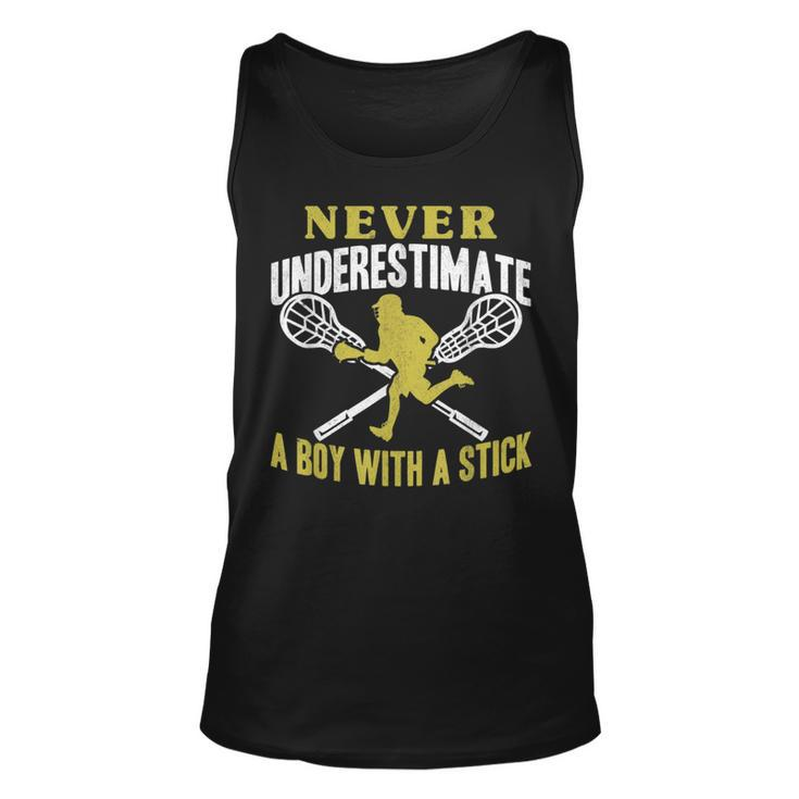 Never Underestimate A Boy With A Stick Lax Player Lacrosse Lacrosse Tank Top