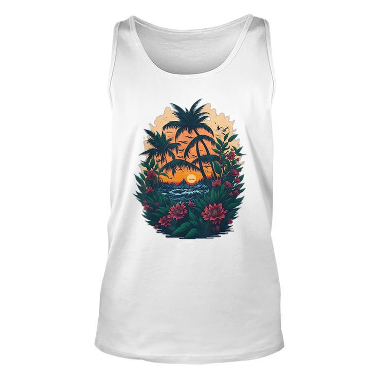 Cute Mountain Sunset Palm Trees Ocean Graphic  Unisex Tank Top