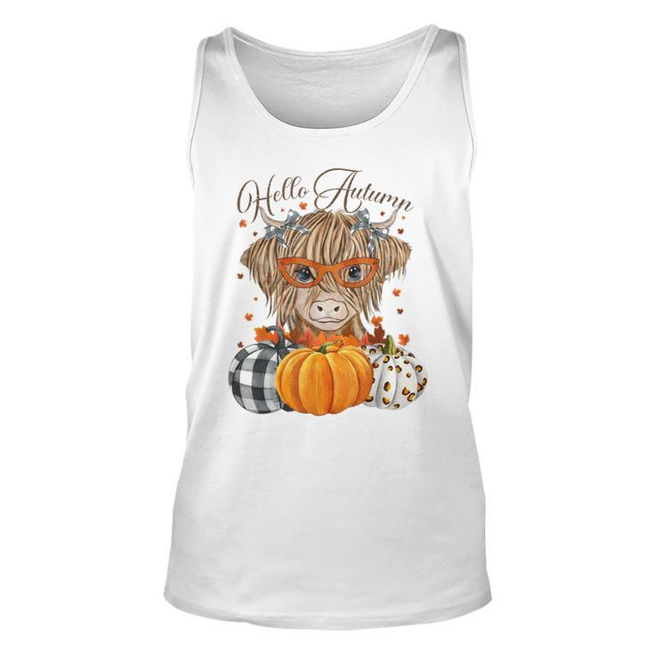 Hello Autumn Fall Highland Cow Pumpkins Thanks Giving  Unisex Tank Top