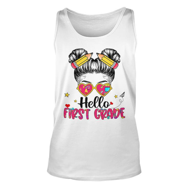 Hello First Grade Messy Bun Girl Back To School First Day Unisex Tank Top
