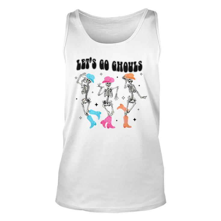 Let's Go Ghouls Halloween Western Spooky Skeletons Dancing Tank Top