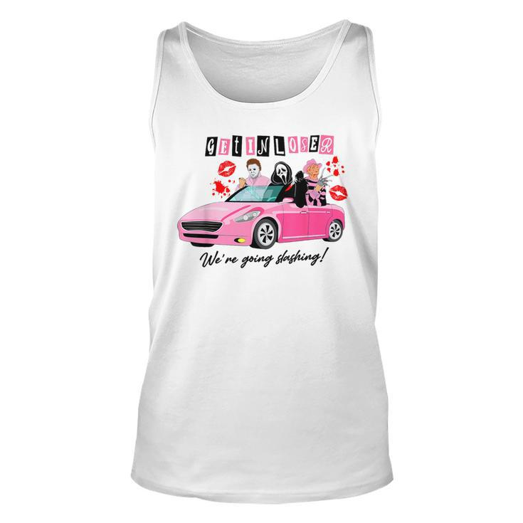 Get In Loser We're Going Slashing Pink Car Horror Character Tank Top