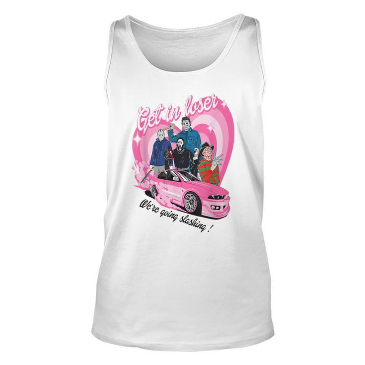 Get In Loser We're Going Slashing Pink Car Horror Character Tank Top