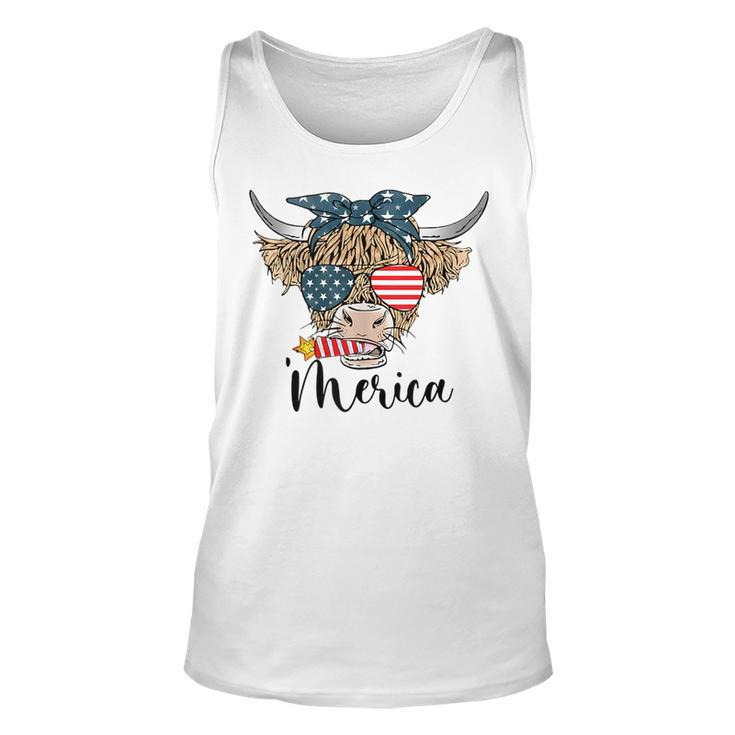 Merica Cow Cute Highland Cow With Bandana Usa Fourth Of July Tank Top