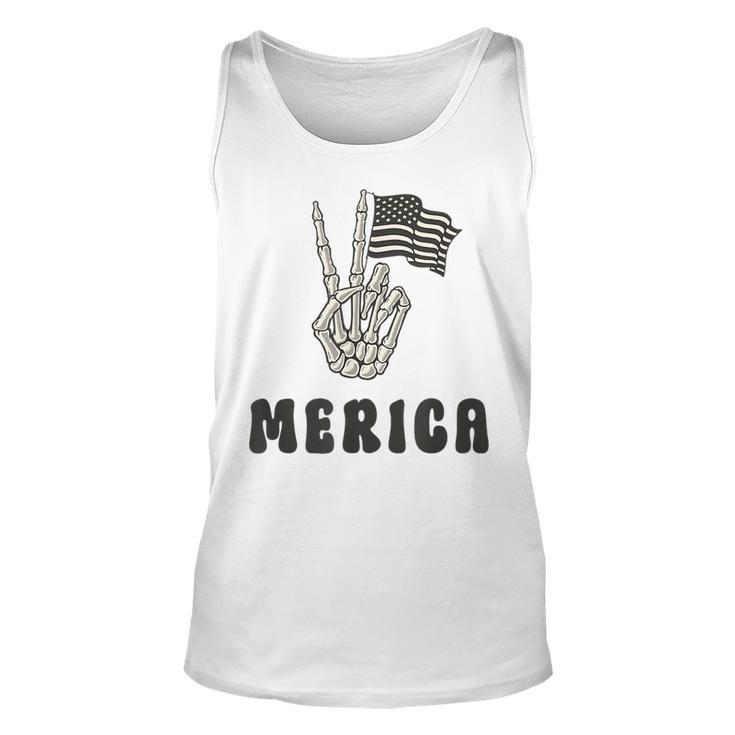 Merica Peace Sign 4Th Of July American Flag Skeleton Hand  Unisex Tank Top