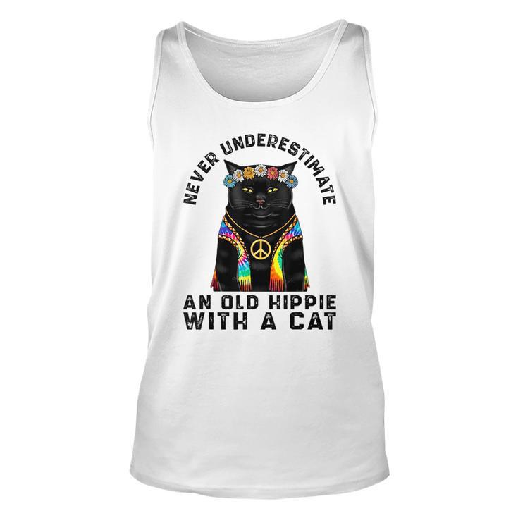 Never Underestimate An Old Hippie With A Cat Funny Vintage Unisex Tank Top