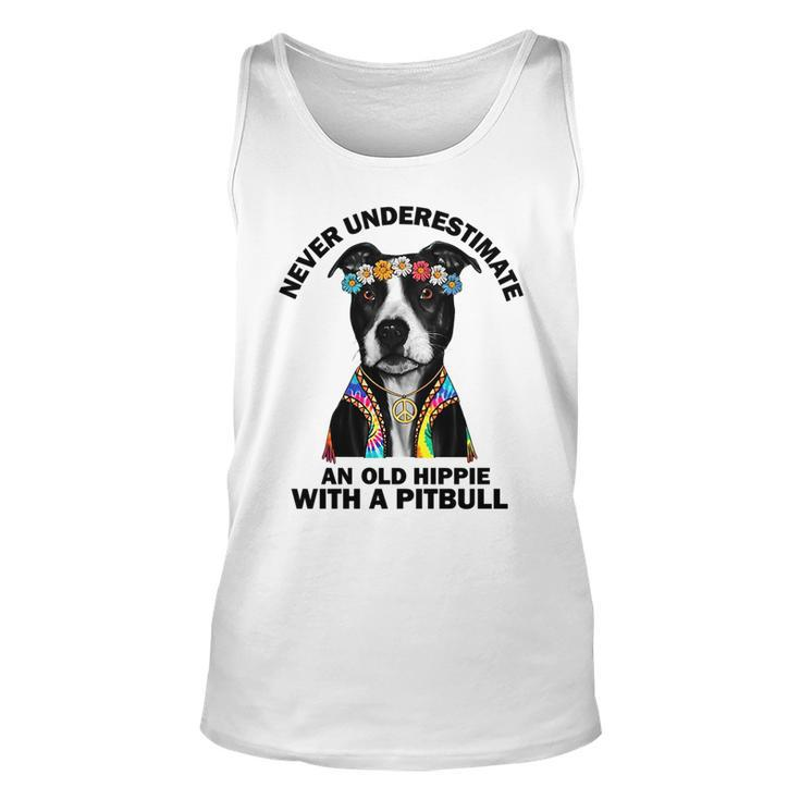Never Underestimate An Old Hippie With A Pitbull Unisex Tank Top