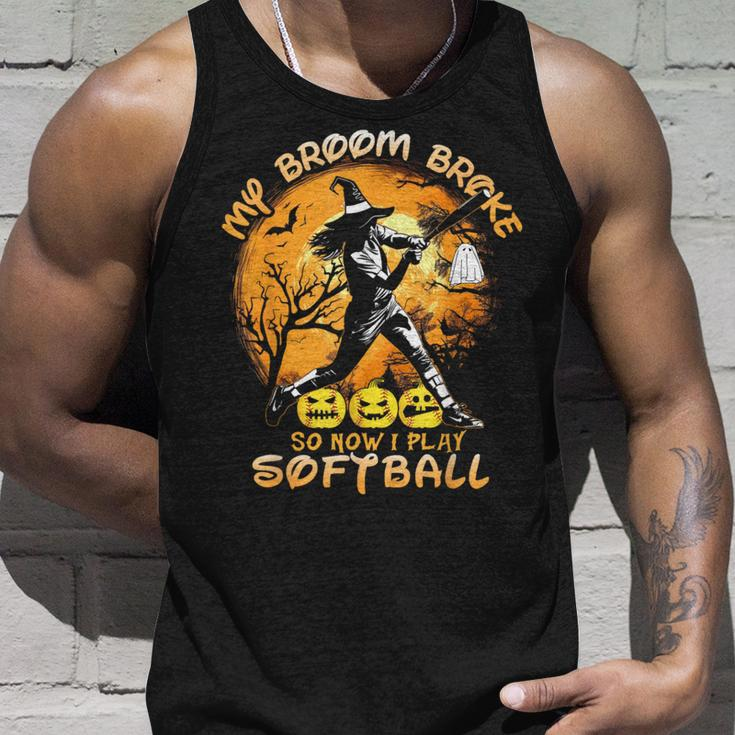 My Broom Broke So Now I Play Softball Baseball Halloween Tank Top Gifts for Him