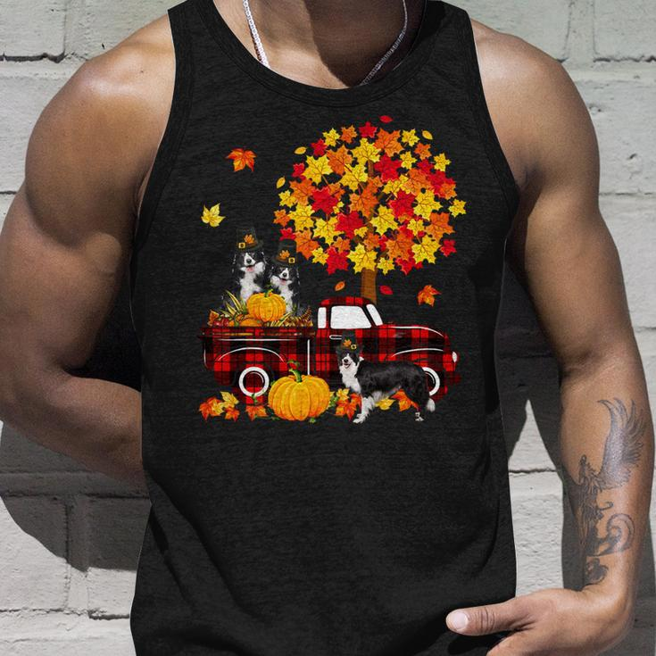 Dog Border Collie Three Border Collies On Pickup Truck Thanksgiving Fall Tree Unisex Tank Top Gifts for Him