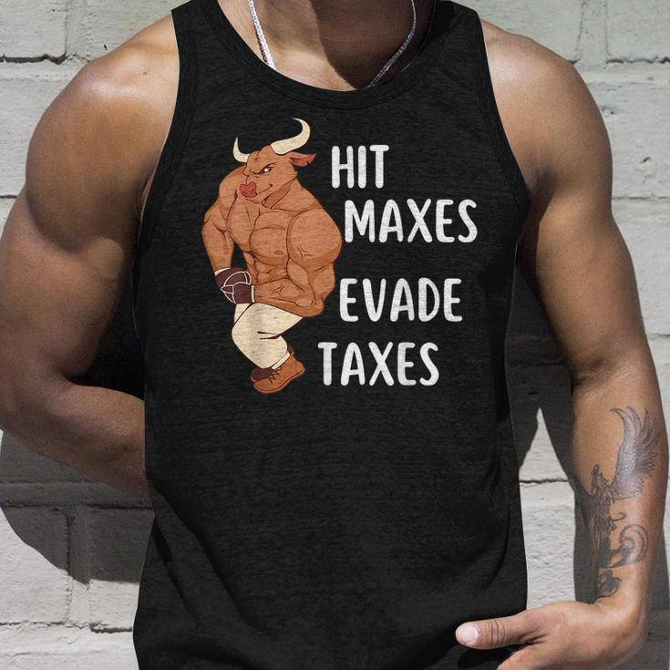 Funny Gym Weightlifting Hit Maxes Evade Taxes Workout Unisex Tank Top Gifts for Him