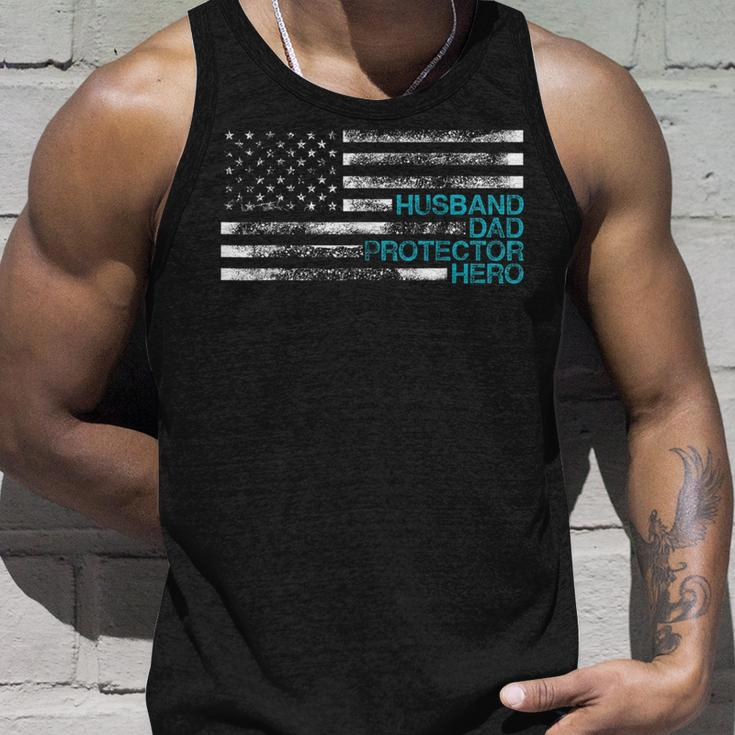 Husband Dad Protector Hero Funny Fathers Day Daddy Papa Pop Unisex Tank Top Gifts for Him