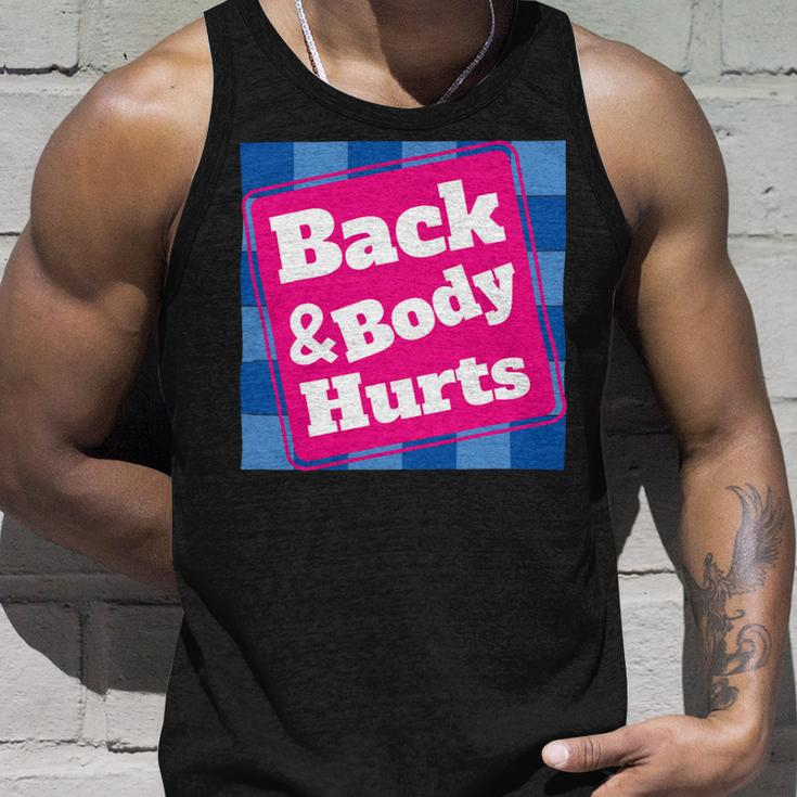 Mens Funny Back Body Hurts Tee Quote Workout Gym Top Unisex Tank Top Gifts for Him