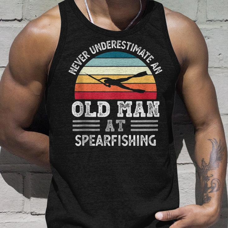 Never Underestimate An Old Man At Spearfishing Fathers Day Gift For Mens Unisex Tank Top Gifts for Him