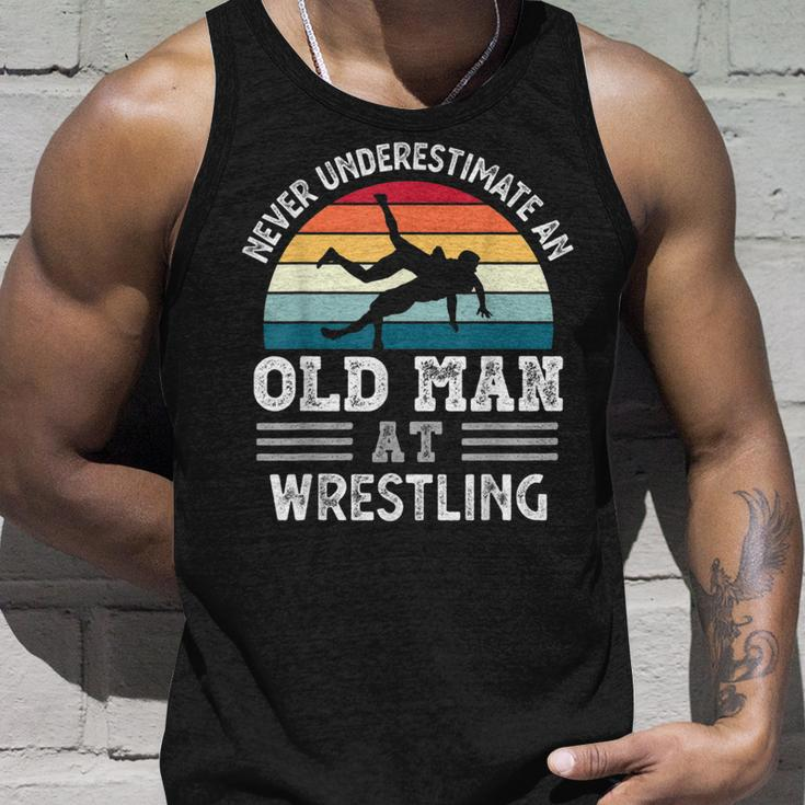 Never Underestimate An Old Man At Wrestling Fathers Day Gift For Mens Unisex Tank Top Gifts for Him