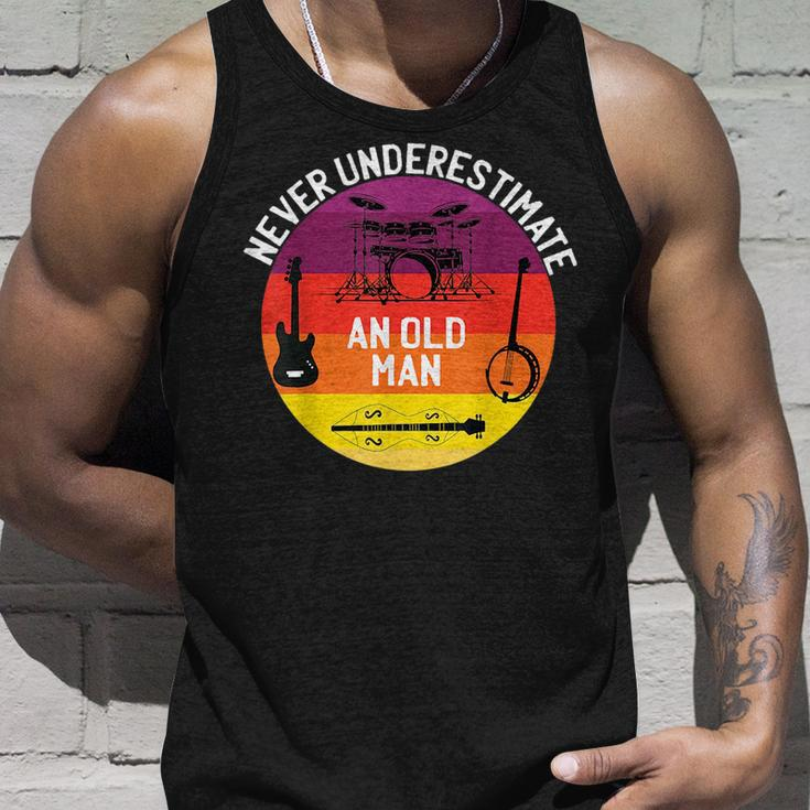Never Underestimate An Old Man Bass Guitar Drums Banjo Gift For Mens Unisex Tank Top Gifts for Him