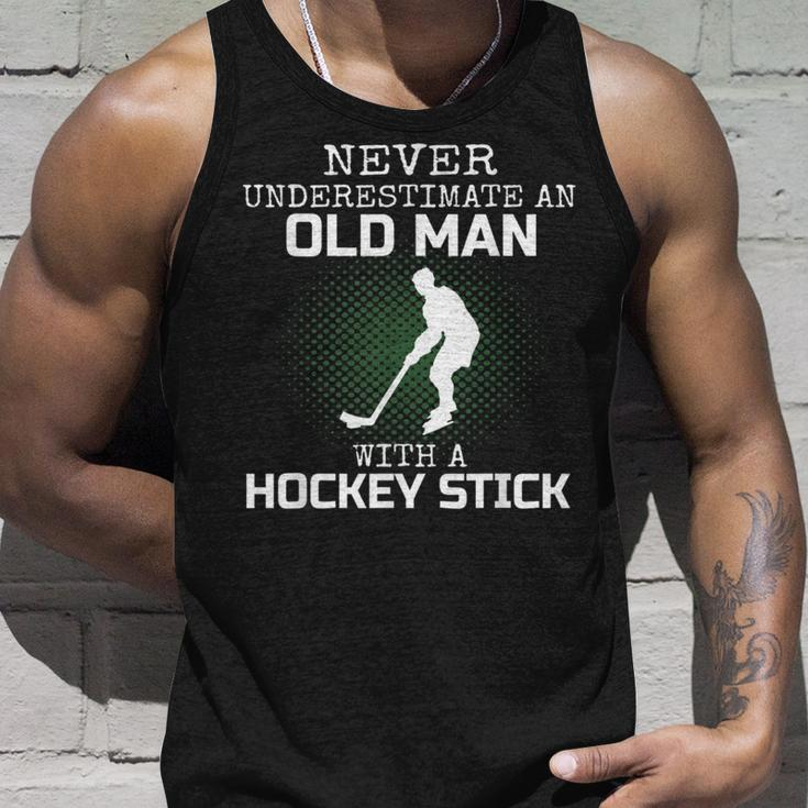 Never Underestimate An Old Man With A Hockey Stick Mens Dad Unisex Tank Top Gifts for Him