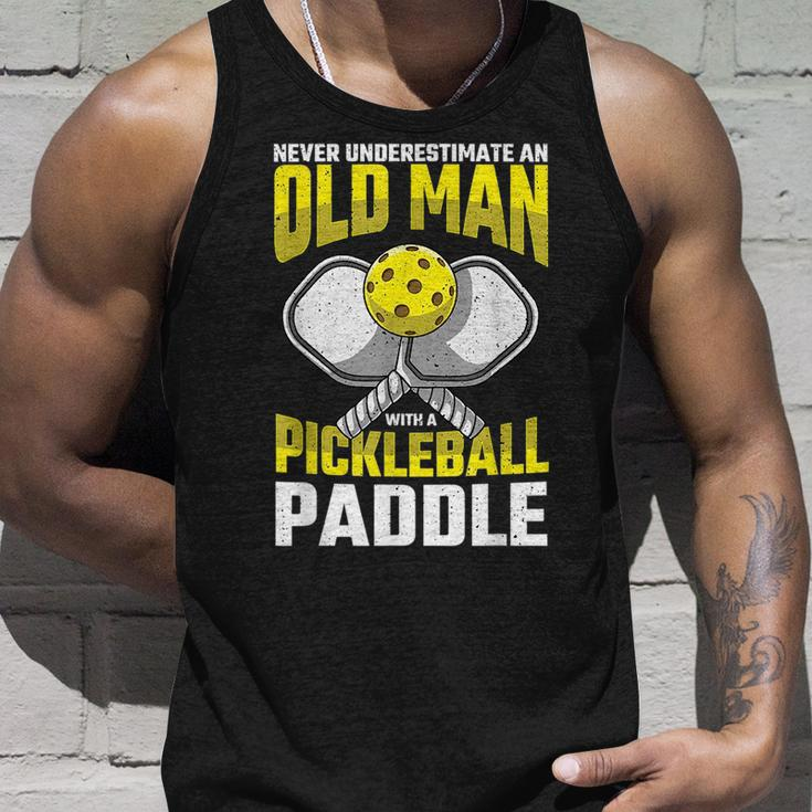 Never Underestimate Old Man Pickleball Paddle Dad Husband Gift For Mens Unisex Tank Top Gifts for Him