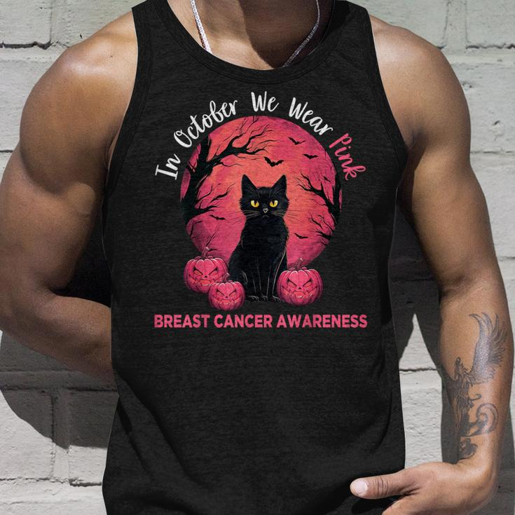 In October We Wear Pink Black Cat Breast Cancer Halloween Tank Top Gifts for Him