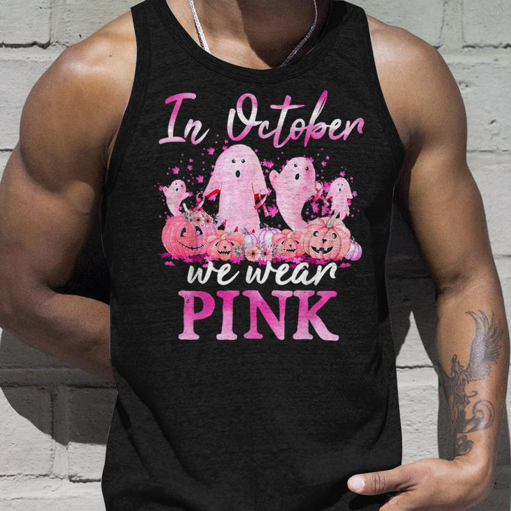 In October We Wear Pink Ghost Pumpkin Breast Cancer Warrior Tank Top Gifts for Him