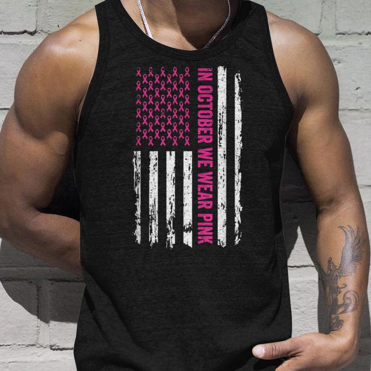 In October We Wear Pink Ribbon Breast Cancer American Flag Tank Top Gifts for Him