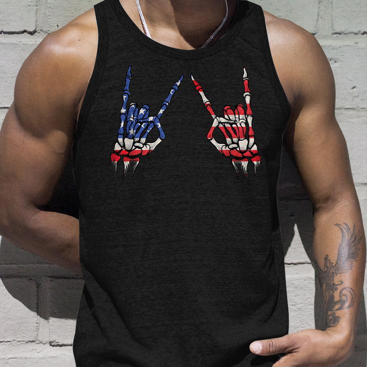 Patriotic Usa Flag Skeleton Rock On Devil Horns 4Th Of July Patriotic Tank Top Gifts for Him